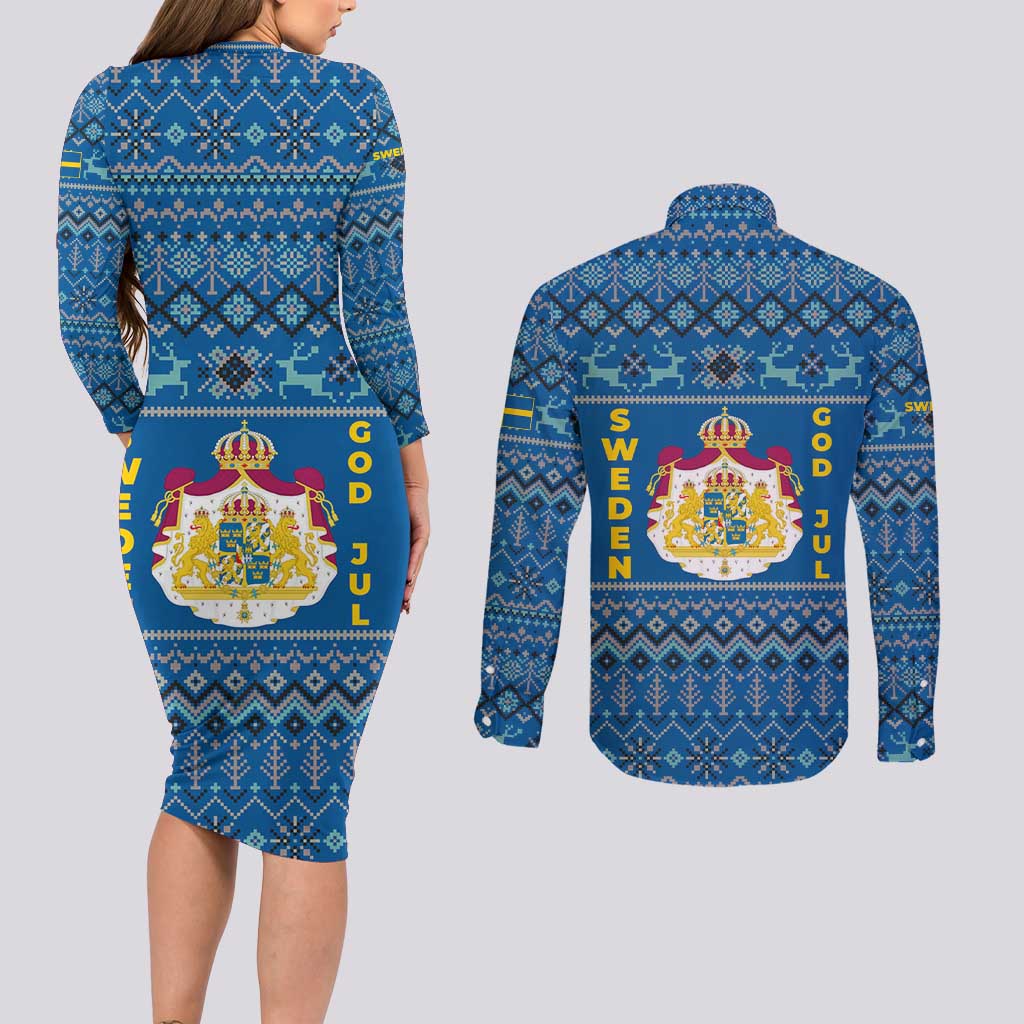 Sweden Christmas Couples Matching Long Sleeve Bodycon Dress and Long Sleeve Button Shirt with Gnome Yule Goat Royal Crest and Nordic Pattern - Wonder Print Shop
