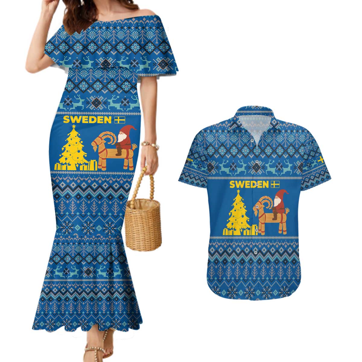 Sweden Christmas Couples Matching Mermaid Dress and Hawaiian Shirt with Gnome Yule Goat Royal Crest and Nordic Pattern - Wonder Print Shop