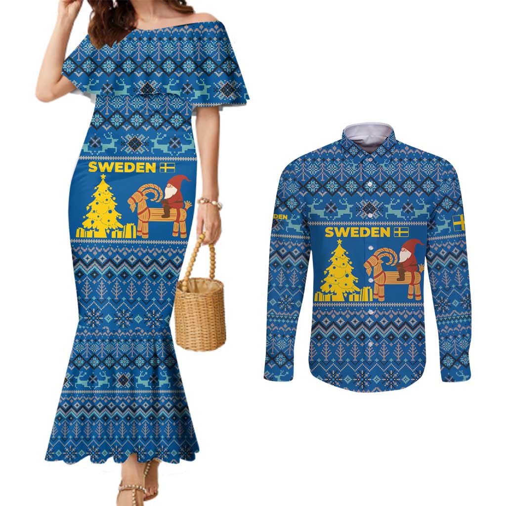 Sweden Christmas Couples Matching Mermaid Dress and Long Sleeve Button Shirt with Gnome Yule Goat Royal Crest and Nordic Pattern - Wonder Print Shop