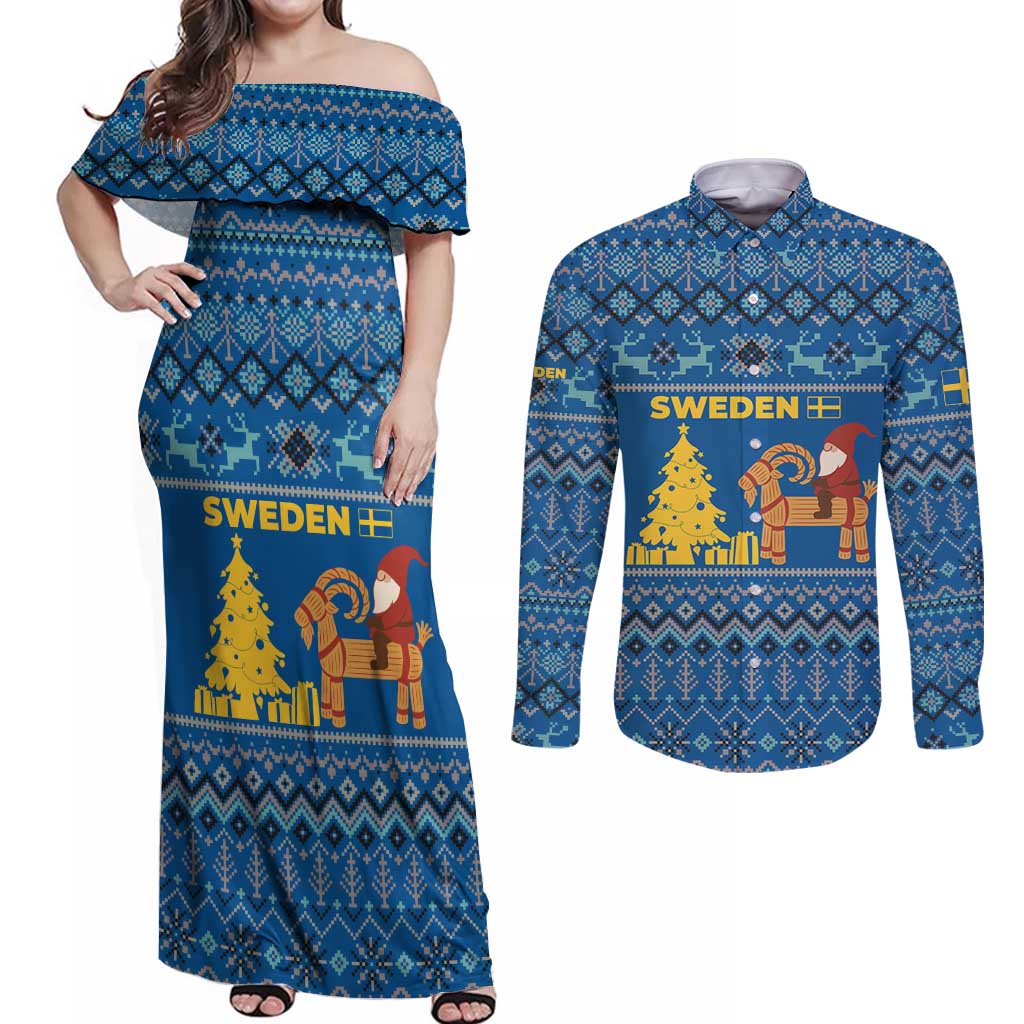 Sweden Christmas Couples Matching Off Shoulder Maxi Dress and Long Sleeve Button Shirt with Gnome Yule Goat Royal Crest and Nordic Pattern - Wonder Print Shop