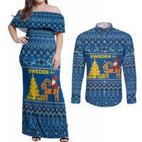 Sweden Christmas Couples Matching Off Shoulder Maxi Dress and Long Sleeve Button Shirt with Gnome Yule Goat Royal Crest and Nordic Pattern - Wonder Print Shop