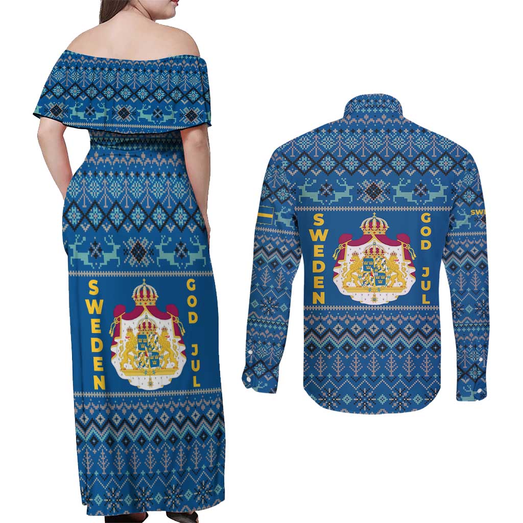 Sweden Christmas Couples Matching Off Shoulder Maxi Dress and Long Sleeve Button Shirt with Gnome Yule Goat Royal Crest and Nordic Pattern - Wonder Print Shop