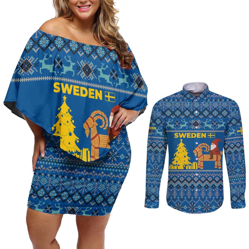 Sweden Christmas Couples Matching Off Shoulder Short Dress and Long Sleeve Button Shirt with Gnome Yule Goat Royal Crest and Nordic Pattern - Wonder Print Shop