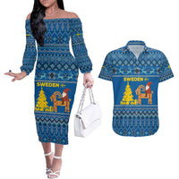 Sweden Christmas Couples Matching Off The Shoulder Long Sleeve Dress and Hawaiian Shirt with Gnome Yule Goat Royal Crest and Nordic Pattern - Wonder Print Shop
