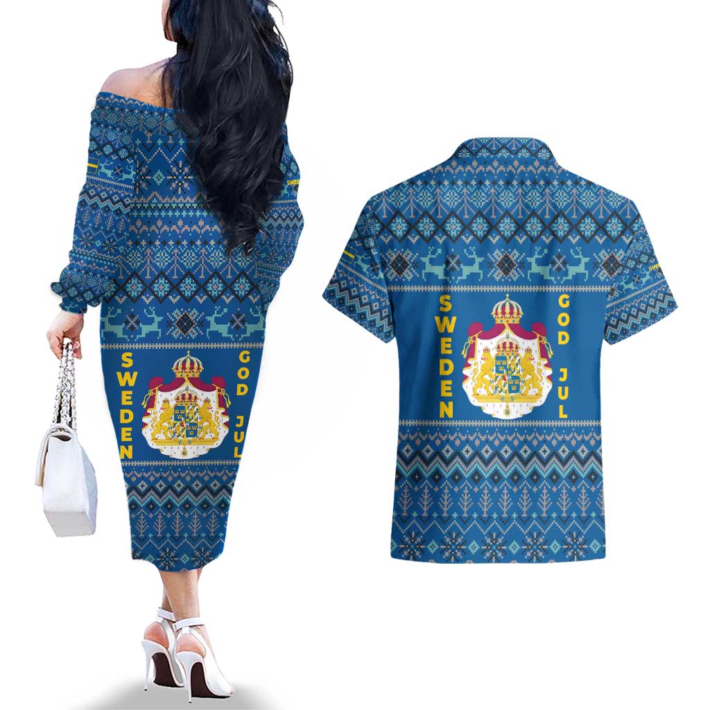 Sweden Christmas Couples Matching Off The Shoulder Long Sleeve Dress and Hawaiian Shirt with Gnome Yule Goat Royal Crest and Nordic Pattern - Wonder Print Shop