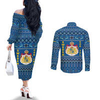 Sweden Christmas Couples Matching Off The Shoulder Long Sleeve Dress and Long Sleeve Button Shirt with Gnome Yule Goat Royal Crest and Nordic Pattern - Wonder Print Shop