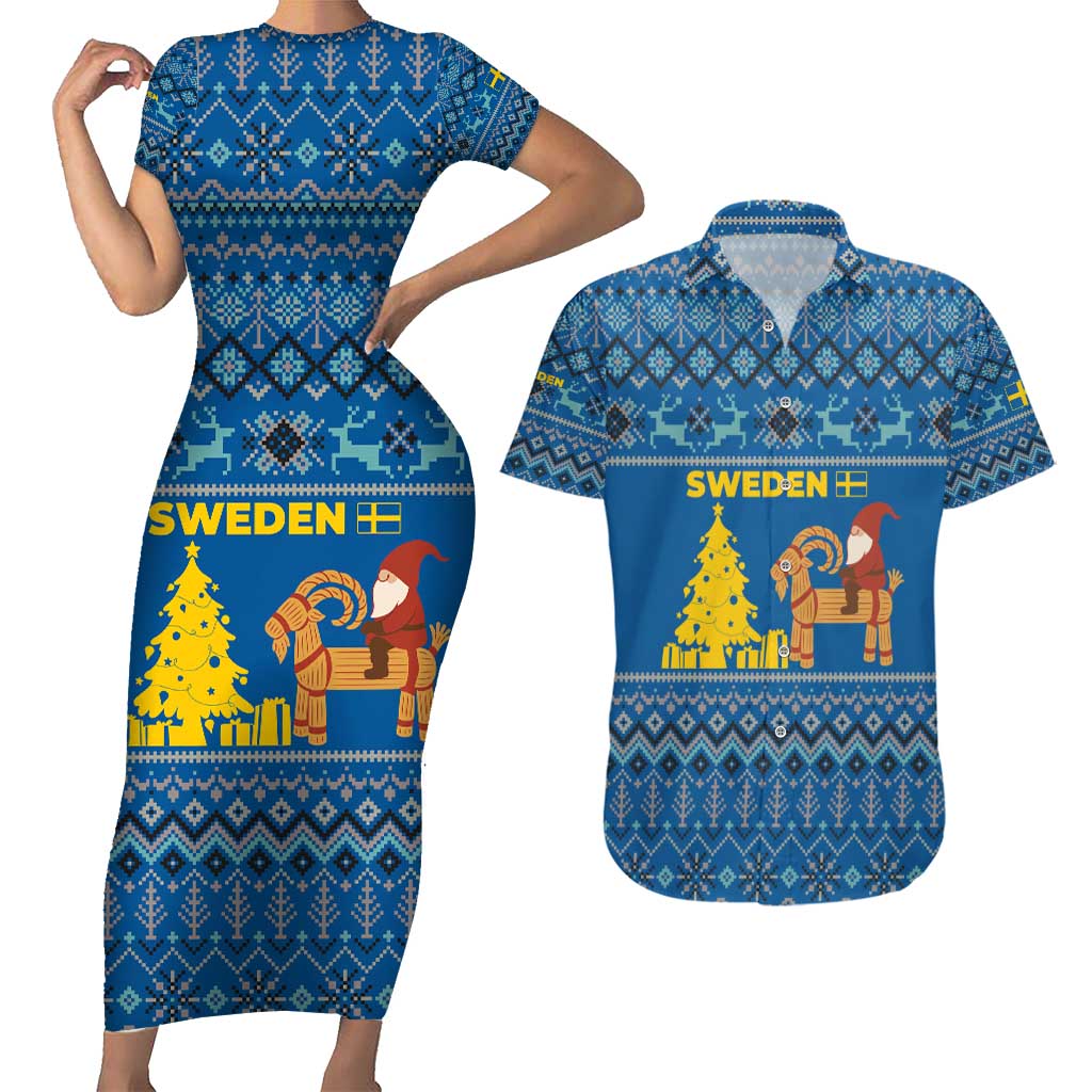 Sweden Christmas Couples Matching Short Sleeve Bodycon Dress and Hawaiian Shirt with Gnome Yule Goat Royal Crest and Nordic Pattern - Wonder Print Shop
