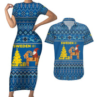 Sweden Christmas Couples Matching Short Sleeve Bodycon Dress and Hawaiian Shirt with Gnome Yule Goat Royal Crest and Nordic Pattern - Wonder Print Shop