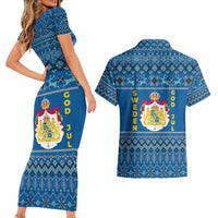 Sweden Christmas Couples Matching Short Sleeve Bodycon Dress and Hawaiian Shirt with Gnome Yule Goat Royal Crest and Nordic Pattern - Wonder Print Shop