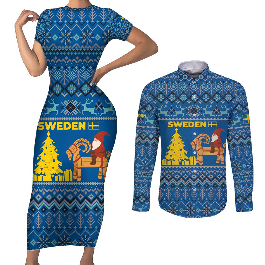 Sweden Christmas Couples Matching Short Sleeve Bodycon Dress and Long Sleeve Button Shirt with Gnome Yule Goat Royal Crest and Nordic Pattern - Wonder Print Shop