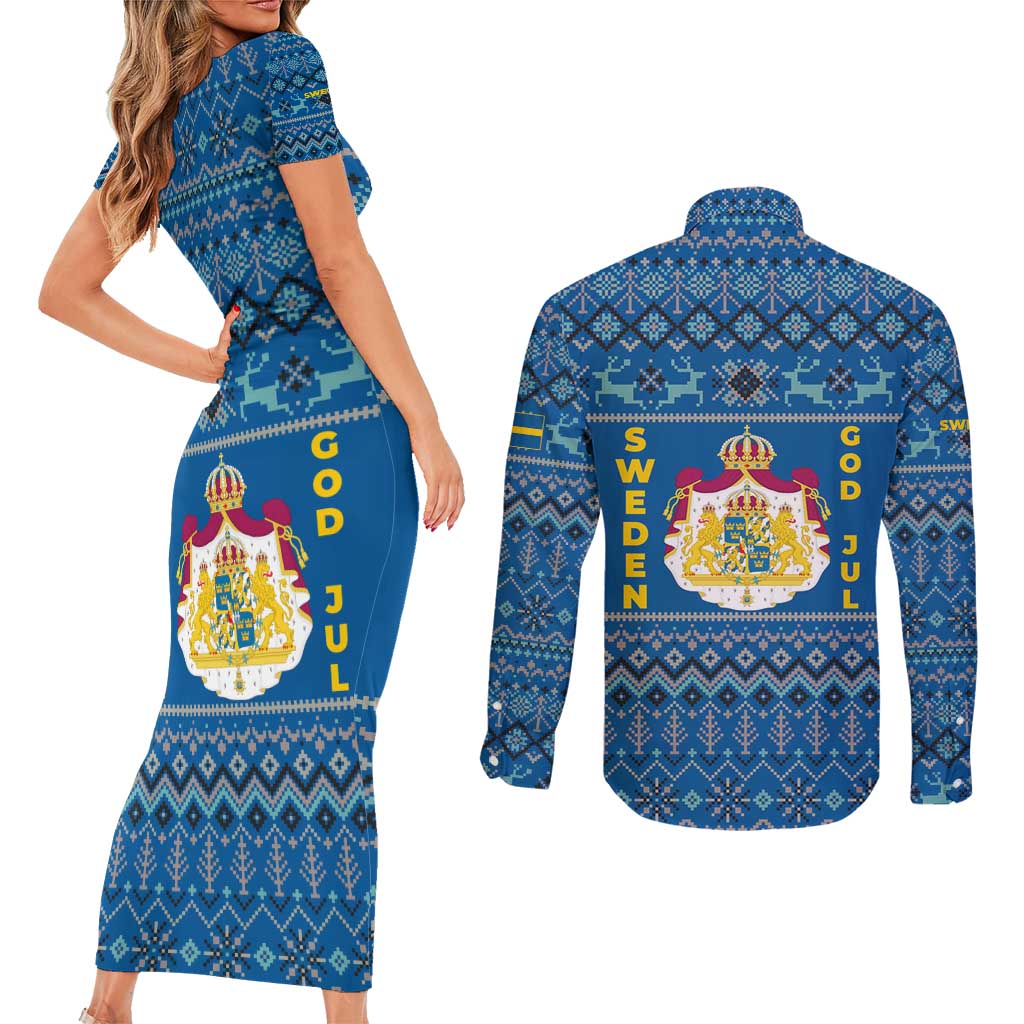 Sweden Christmas Couples Matching Short Sleeve Bodycon Dress and Long Sleeve Button Shirt with Gnome Yule Goat Royal Crest and Nordic Pattern - Wonder Print Shop