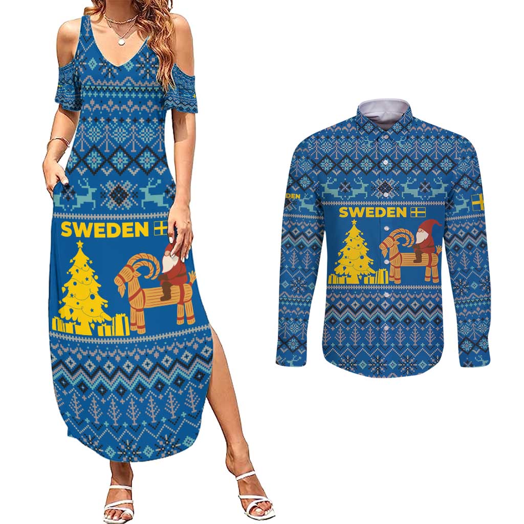 Sweden Christmas Couples Matching Summer Maxi Dress and Long Sleeve Button Shirt with Gnome Yule Goat Royal Crest and Nordic Pattern - Wonder Print Shop