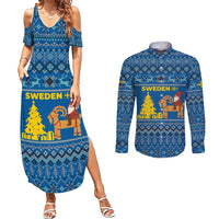 Sweden Christmas Couples Matching Summer Maxi Dress and Long Sleeve Button Shirt with Gnome Yule Goat Royal Crest and Nordic Pattern - Wonder Print Shop
