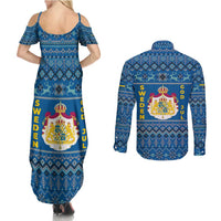 Sweden Christmas Couples Matching Summer Maxi Dress and Long Sleeve Button Shirt with Gnome Yule Goat Royal Crest and Nordic Pattern - Wonder Print Shop