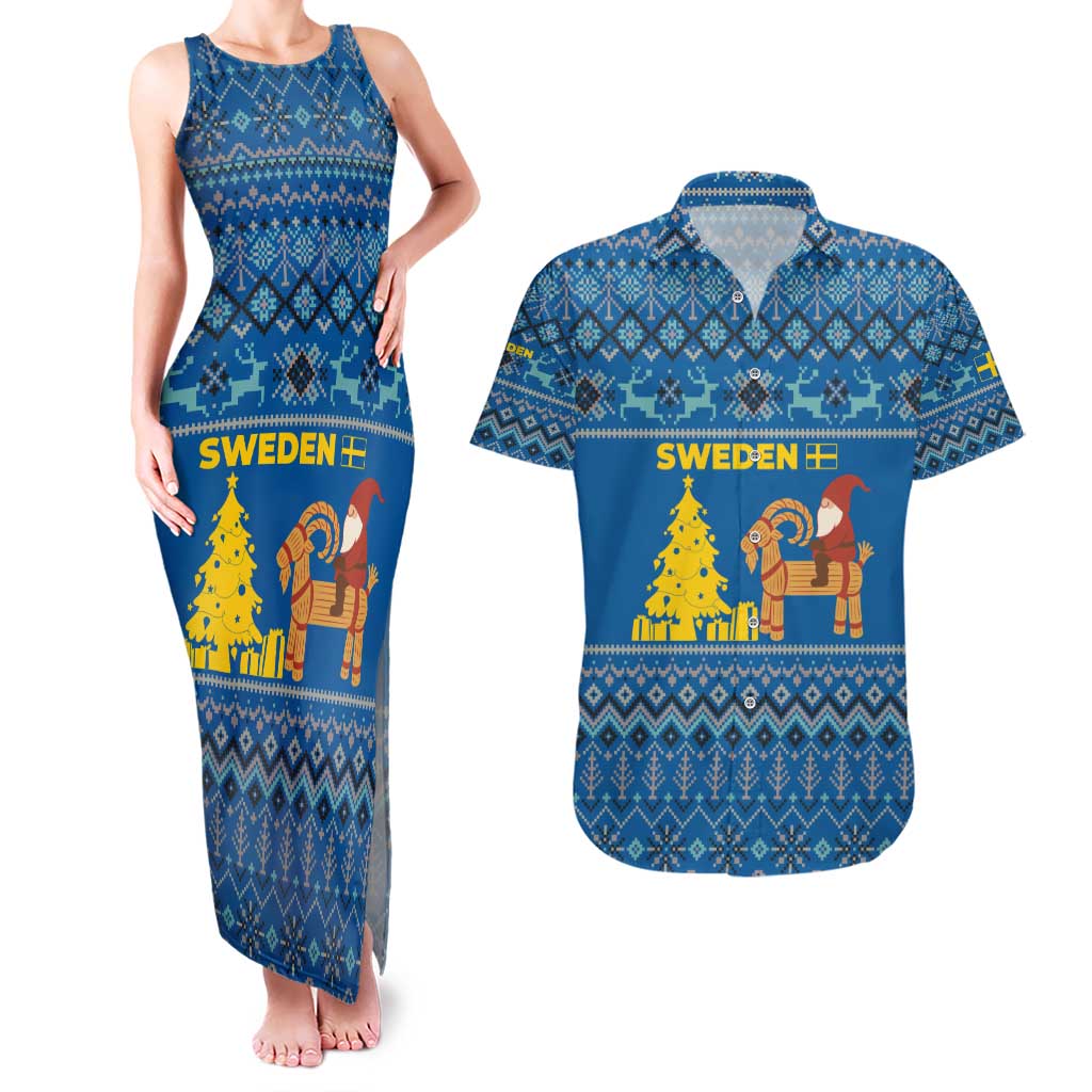 Sweden Christmas Couples Matching Tank Maxi Dress and Hawaiian Shirt with Gnome Yule Goat Royal Crest and Nordic Pattern - Wonder Print Shop