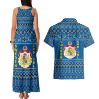 Sweden Christmas Couples Matching Tank Maxi Dress and Hawaiian Shirt with Gnome Yule Goat Royal Crest and Nordic Pattern - Wonder Print Shop