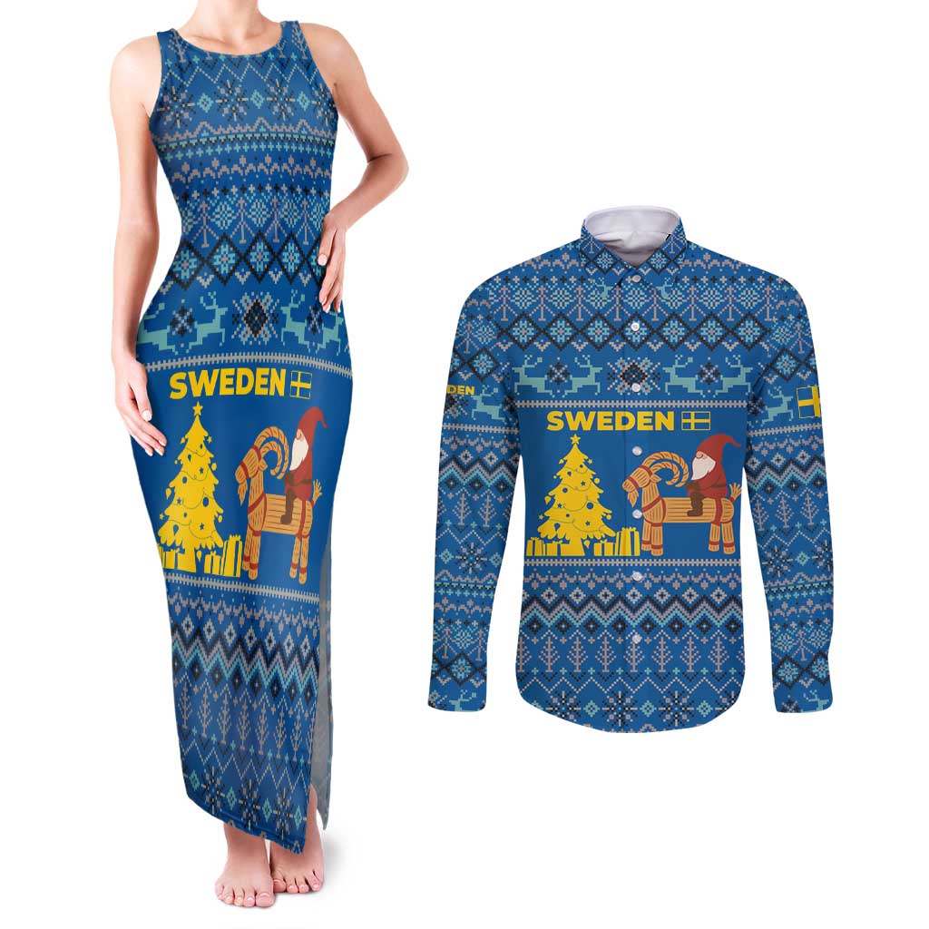 Sweden Christmas Couples Matching Tank Maxi Dress and Long Sleeve Button Shirt with Gnome Yule Goat Royal Crest and Nordic Pattern - Wonder Print Shop
