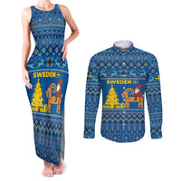 Sweden Christmas Couples Matching Tank Maxi Dress and Long Sleeve Button Shirt with Gnome Yule Goat Royal Crest and Nordic Pattern - Wonder Print Shop