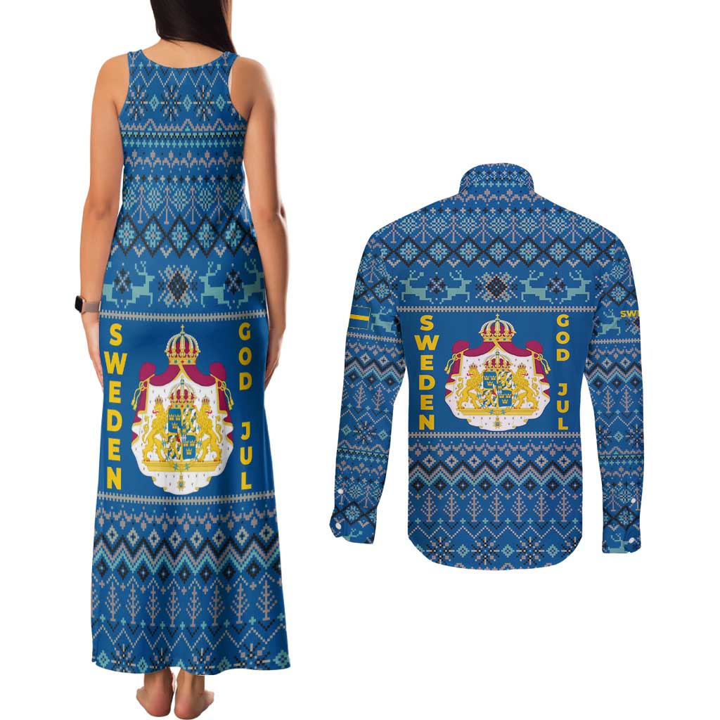 Sweden Christmas Couples Matching Tank Maxi Dress and Long Sleeve Button Shirt with Gnome Yule Goat Royal Crest and Nordic Pattern - Wonder Print Shop
