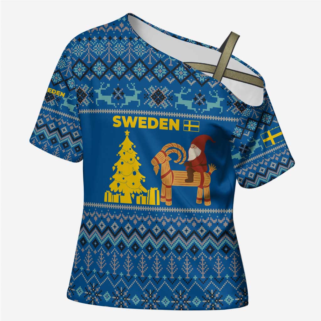 Sweden Christmas Cross Shoulder Shirt with Gnome Yule Goat Royal Crest and Nordic Pattern - Wonder Print Shop