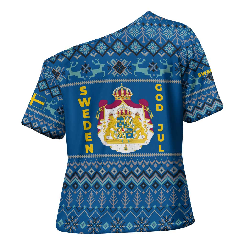 Sweden Christmas Cross Shoulder Shirt with Gnome Yule Goat Royal Crest and Nordic Pattern - Wonder Print Shop