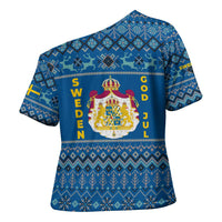 Sweden Christmas Cross Shoulder Shirt with Gnome Yule Goat Royal Crest and Nordic Pattern - Wonder Print Shop
