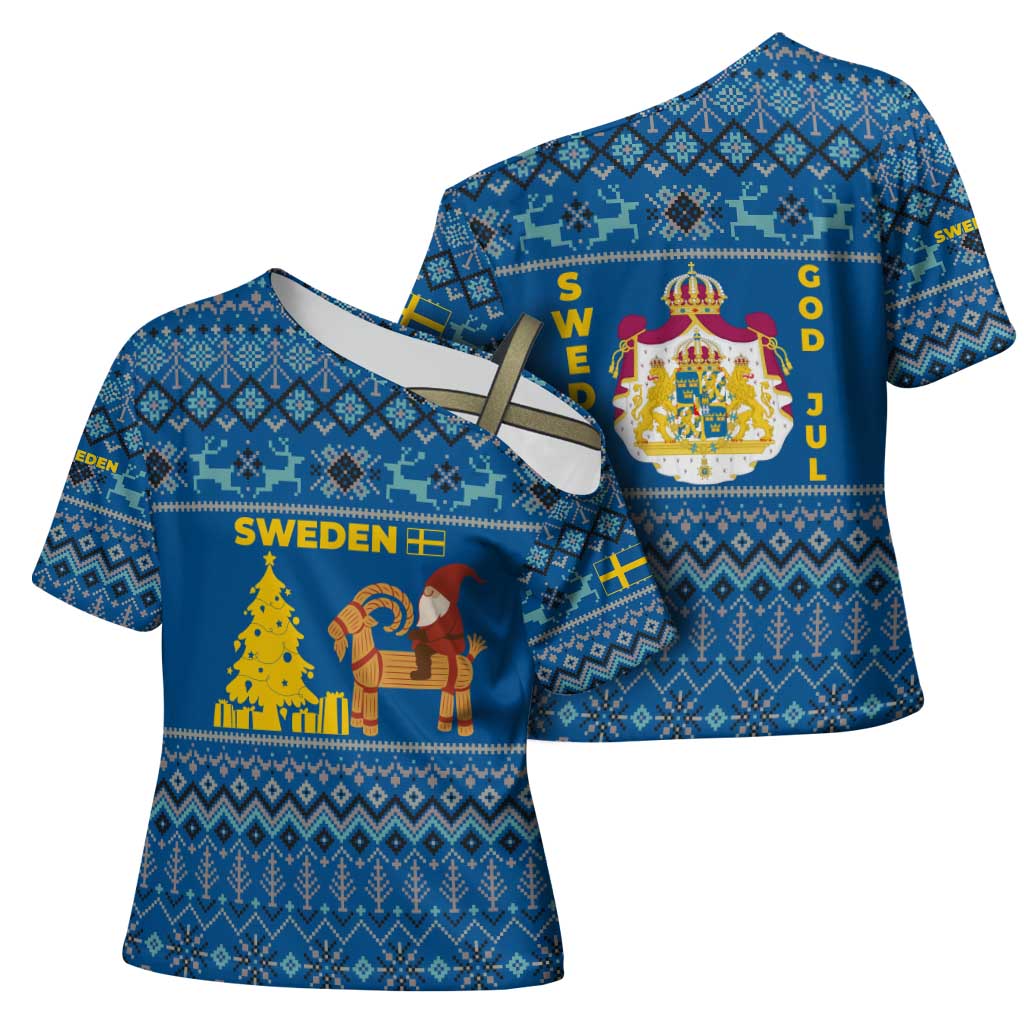 Sweden Christmas Cross Shoulder Shirt with Gnome Yule Goat Royal Crest and Nordic Pattern - Wonder Print Shop