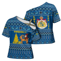 Sweden Christmas Cross Shoulder Shirt with Gnome Yule Goat Royal Crest and Nordic Pattern - Wonder Print Shop