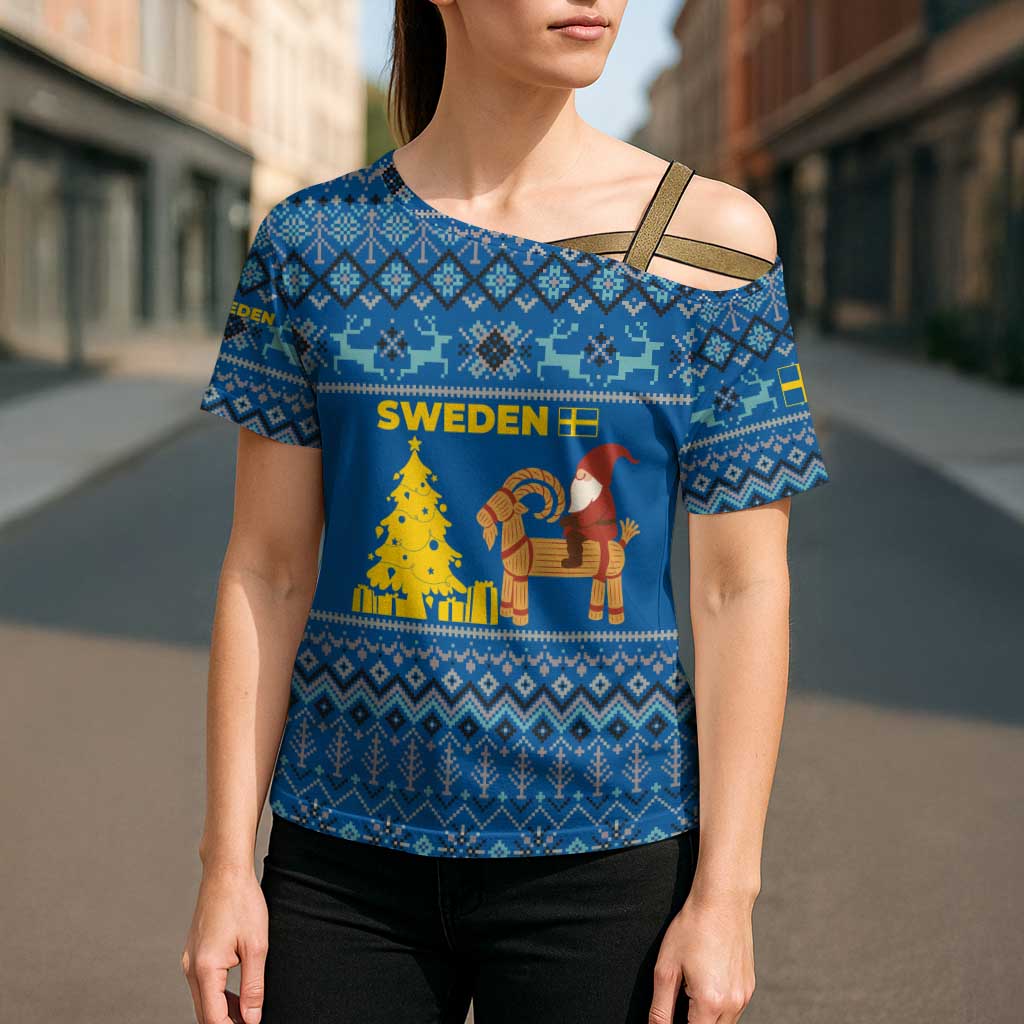 Sweden Christmas Cross Shoulder Shirt with Gnome Yule Goat Royal Crest and Nordic Pattern - Wonder Print Shop