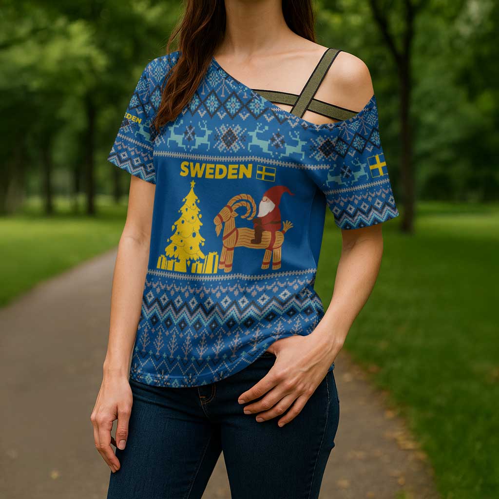 Sweden Christmas Cross Shoulder Shirt with Gnome Yule Goat Royal Crest and Nordic Pattern - Wonder Print Shop