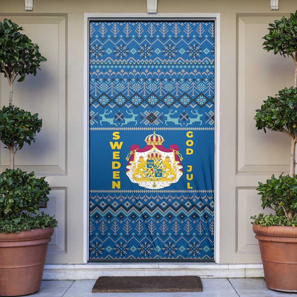 Sweden Christmas Door Cover with Gnome Yule Goat Royal Crest and Nordic Pattern - Wonder Print Shop
