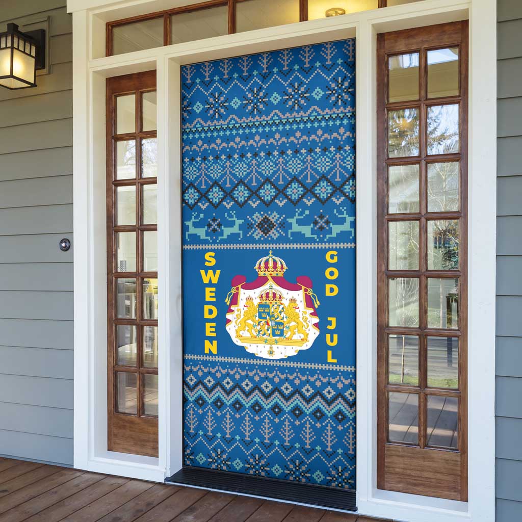 Sweden Christmas Door Cover with Gnome Yule Goat Royal Crest and Nordic Pattern - Wonder Print Shop