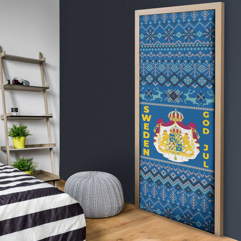 Sweden Christmas Door Cover with Gnome Yule Goat Royal Crest and Nordic Pattern - Wonder Print Shop
