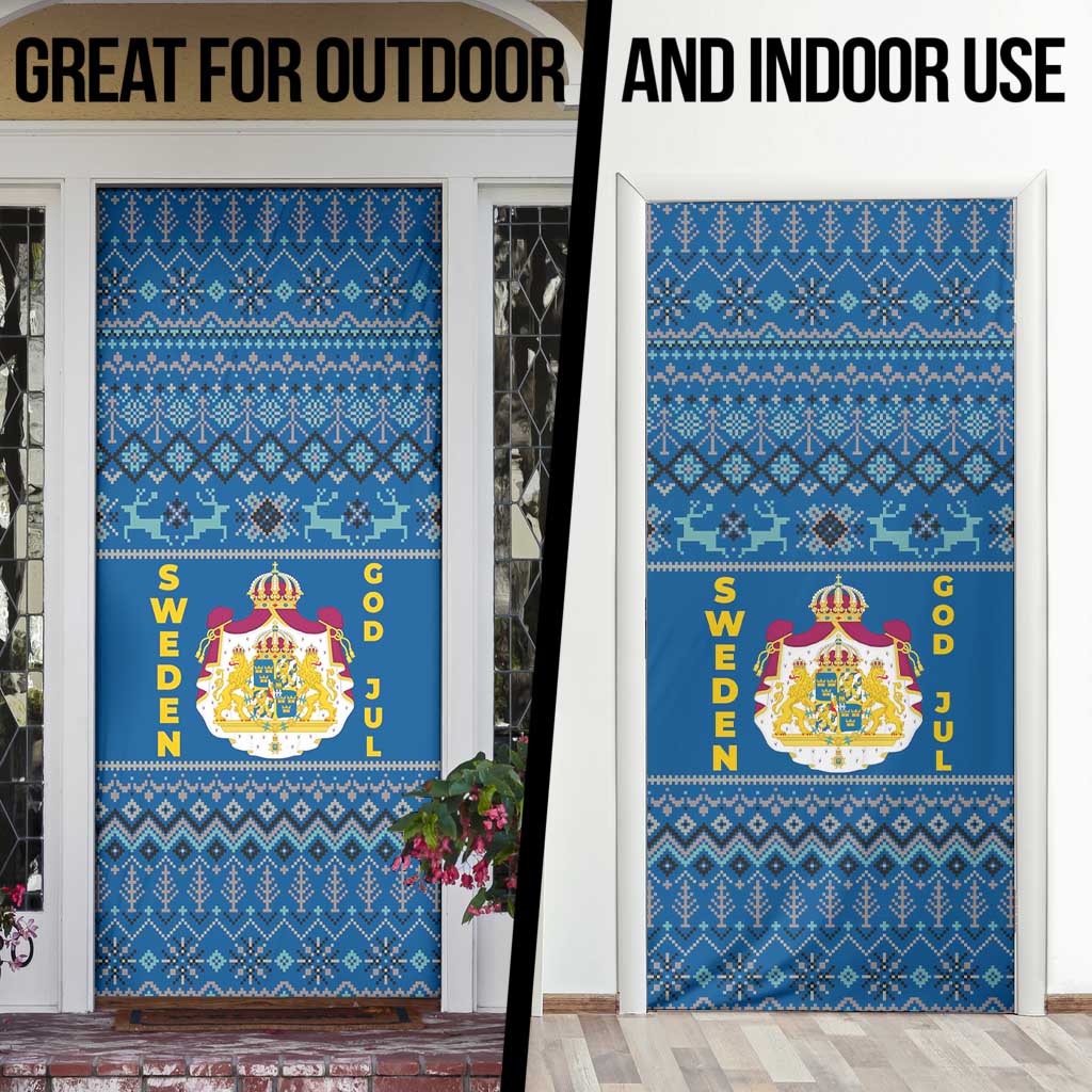 Sweden Christmas Door Cover with Gnome Yule Goat Royal Crest and Nordic Pattern - Wonder Print Shop
