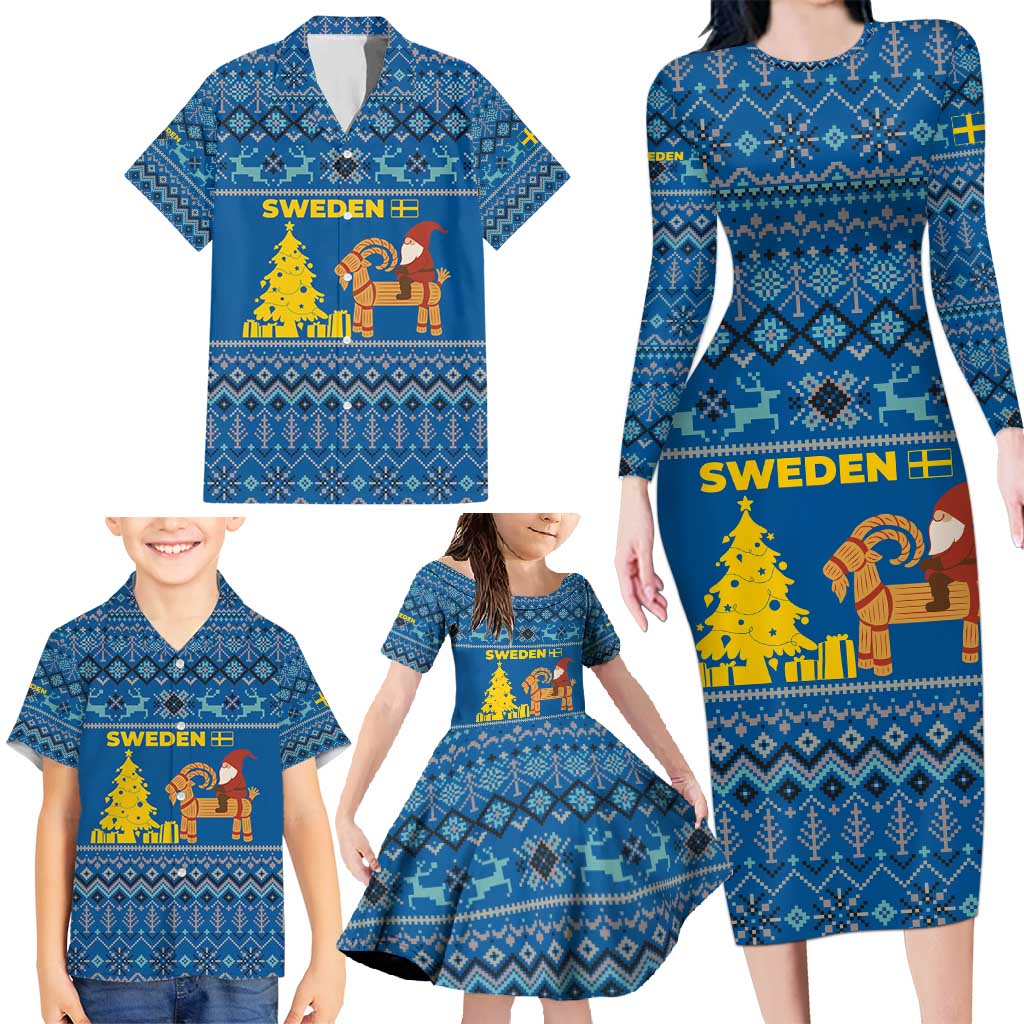 Sweden Christmas Family Matching Long Sleeve Bodycon Dress and Hawaiian Shirt with Gnome Yule Goat Royal Crest and Nordic Pattern - Wonder Print Shop