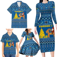 Sweden Christmas Family Matching Long Sleeve Bodycon Dress and Hawaiian Shirt with Gnome Yule Goat Royal Crest and Nordic Pattern - Wonder Print Shop