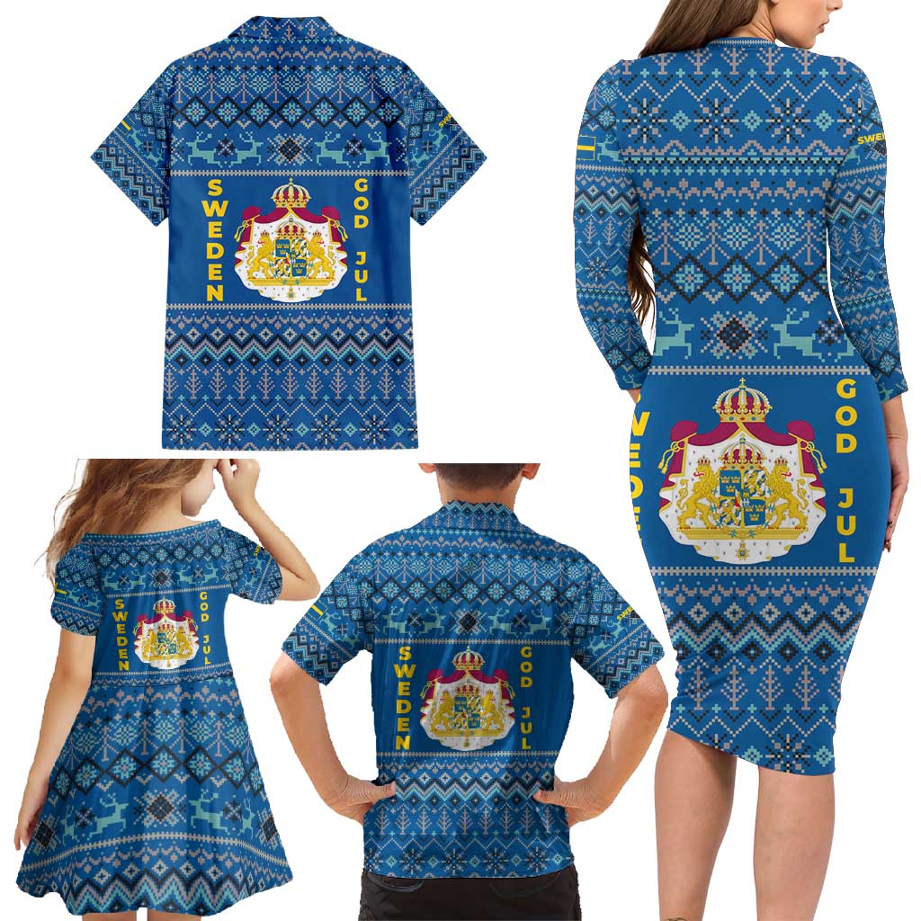 Sweden Christmas Family Matching Long Sleeve Bodycon Dress and Hawaiian Shirt with Gnome Yule Goat Royal Crest and Nordic Pattern - Wonder Print Shop