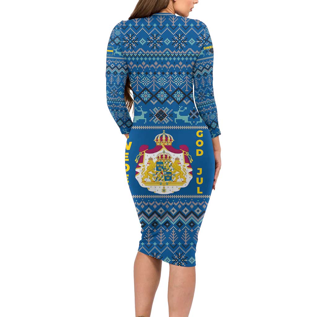 Sweden Christmas Family Matching Long Sleeve Bodycon Dress and Hawaiian Shirt with Gnome Yule Goat Royal Crest and Nordic Pattern - Wonder Print Shop