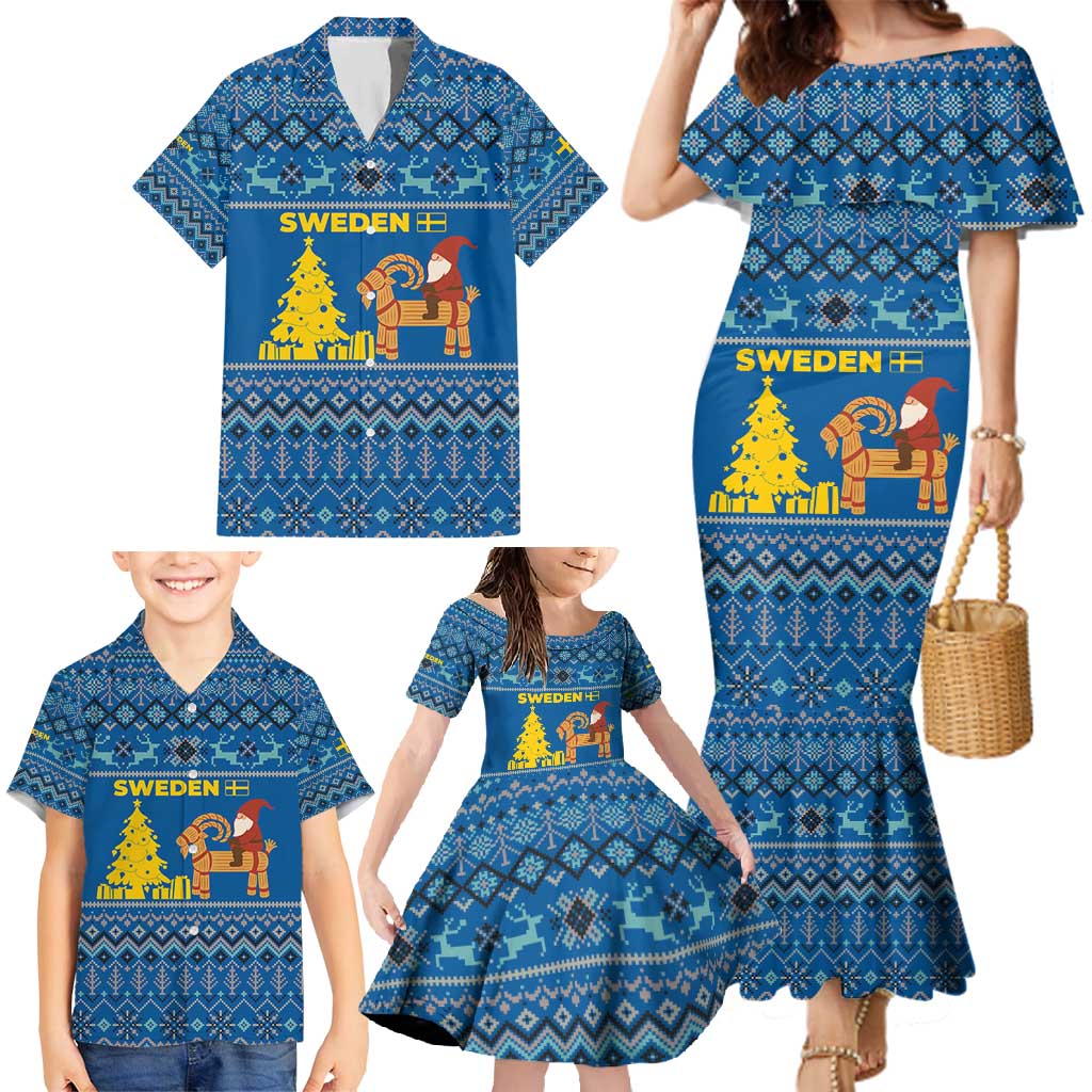 Sweden Christmas Family Matching Mermaid Dress and Hawaiian Shirt with Gnome Yule Goat Royal Crest and Nordic Pattern - Wonder Print Shop