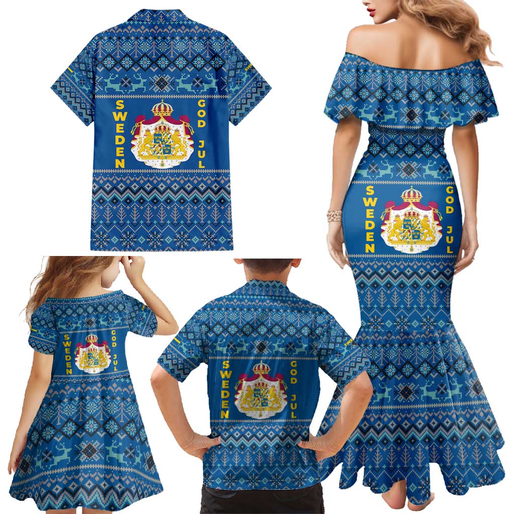 Sweden Christmas Family Matching Mermaid Dress and Hawaiian Shirt with Gnome Yule Goat Royal Crest and Nordic Pattern - Wonder Print Shop