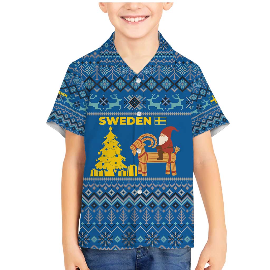 Sweden Christmas Family Matching Mermaid Dress and Hawaiian Shirt with Gnome Yule Goat Royal Crest and Nordic Pattern - Wonder Print Shop