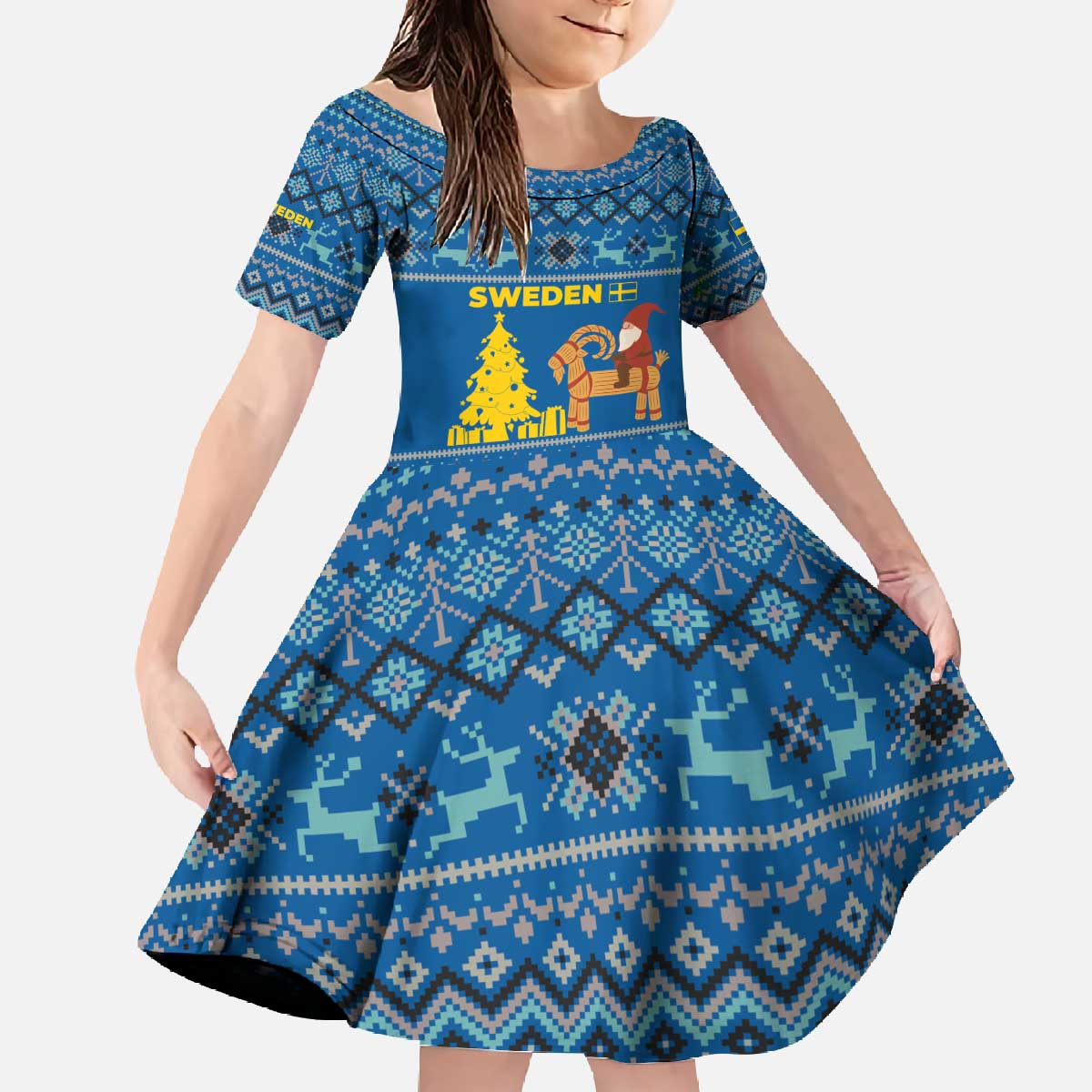 Sweden Christmas Family Matching Off The Shoulder Long Sleeve Dress and Hawaiian Shirt with Gnome Yule Goat Royal Crest and Nordic Pattern - Wonder Print Shop