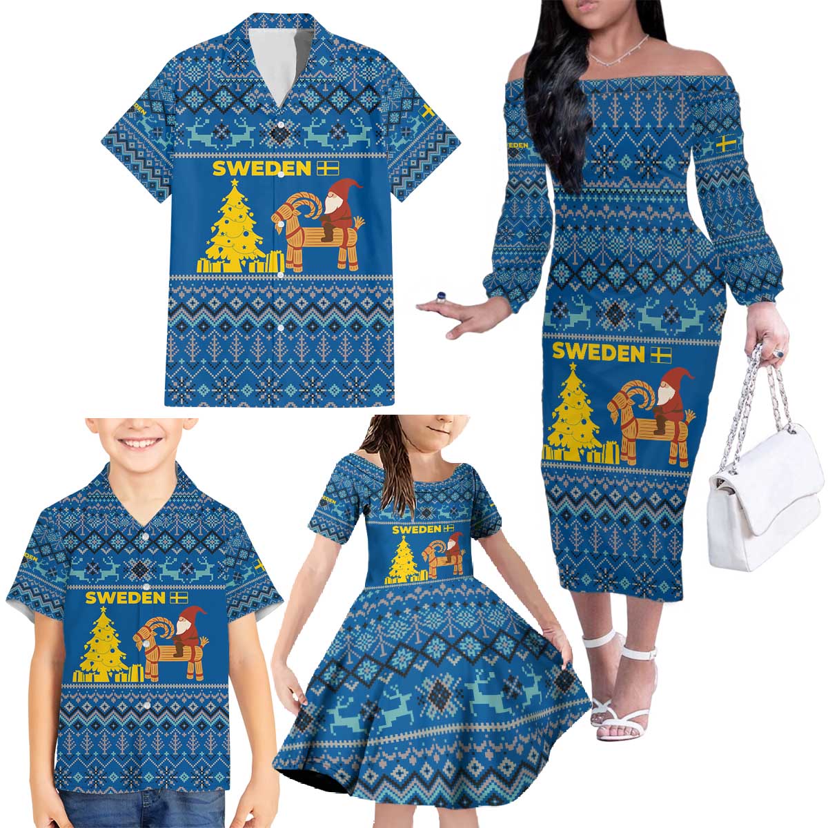 Sweden Christmas Family Matching Off The Shoulder Long Sleeve Dress and Hawaiian Shirt with Gnome Yule Goat Royal Crest and Nordic Pattern - Wonder Print Shop