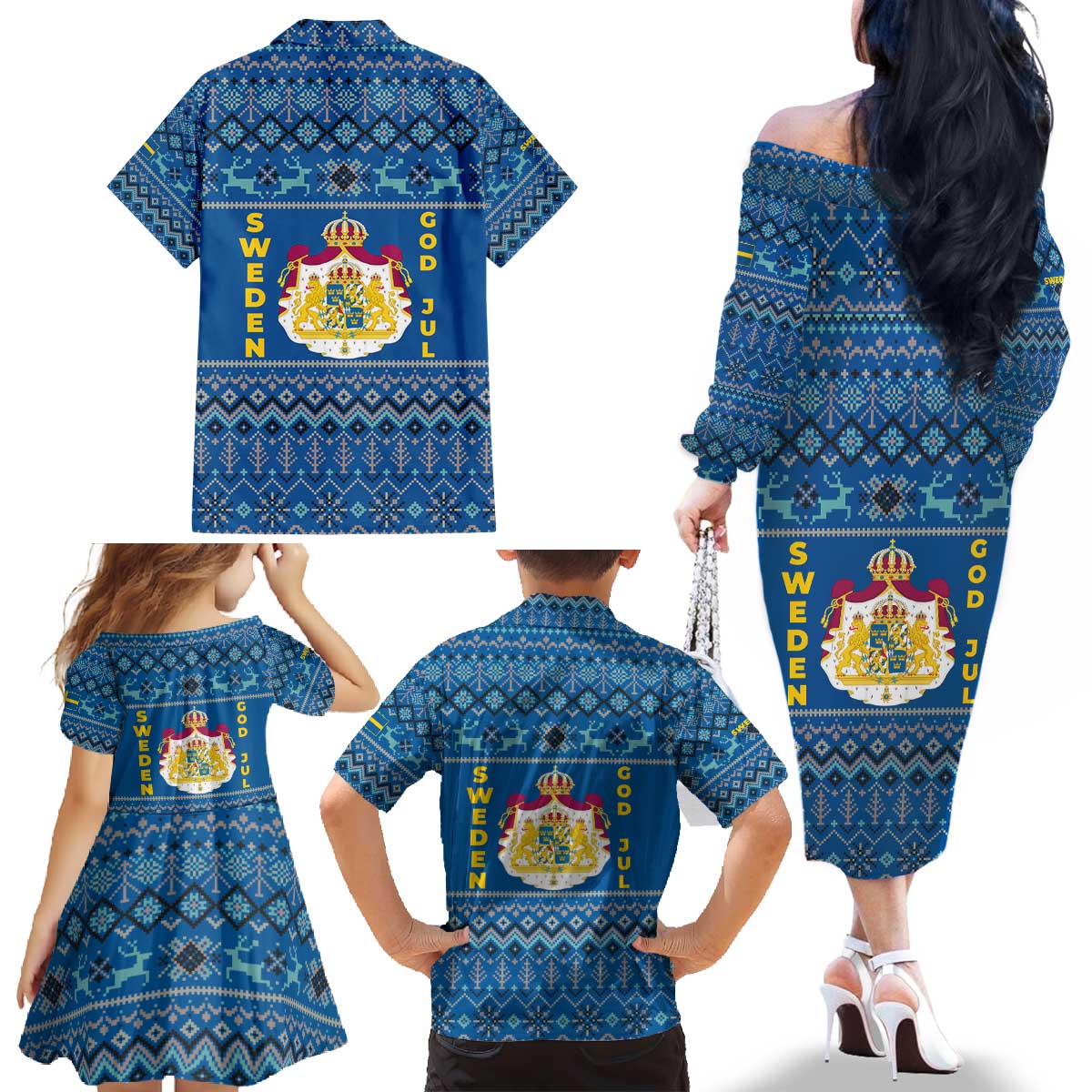 Sweden Christmas Family Matching Off The Shoulder Long Sleeve Dress and Hawaiian Shirt with Gnome Yule Goat Royal Crest and Nordic Pattern - Wonder Print Shop