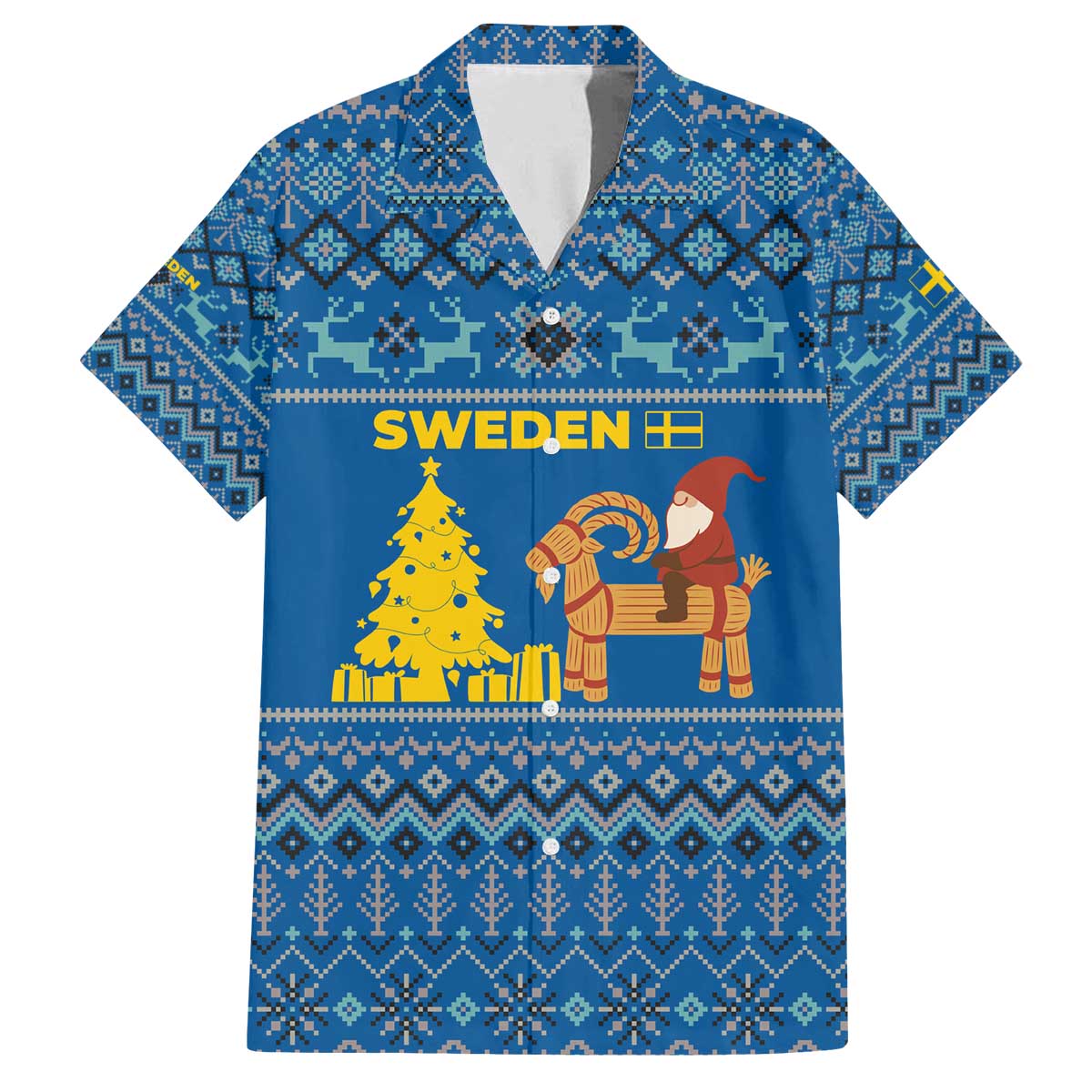Sweden Christmas Family Matching Off The Shoulder Long Sleeve Dress and Hawaiian Shirt with Gnome Yule Goat Royal Crest and Nordic Pattern - Wonder Print Shop