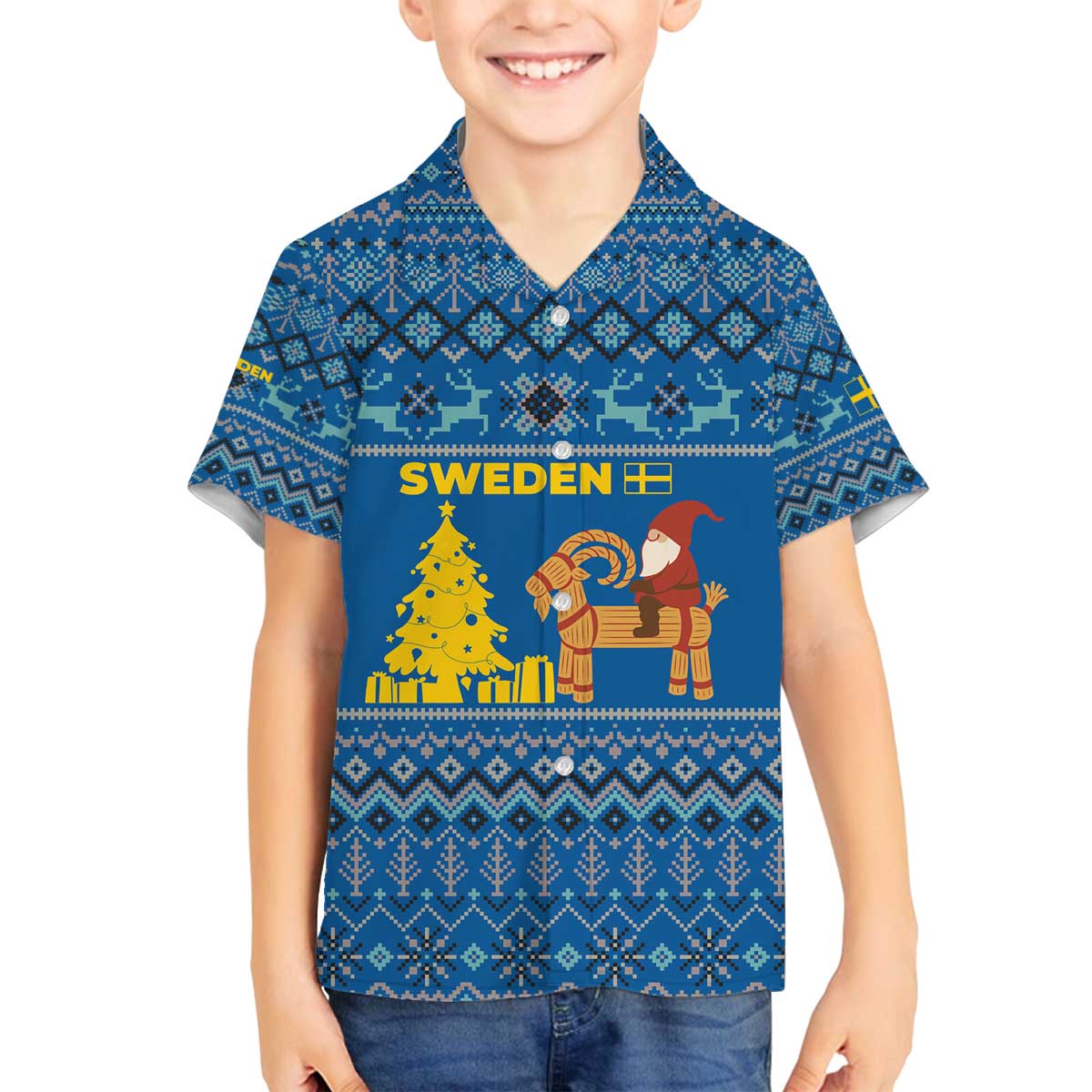 Sweden Christmas Family Matching Off The Shoulder Long Sleeve Dress and Hawaiian Shirt with Gnome Yule Goat Royal Crest and Nordic Pattern - Wonder Print Shop