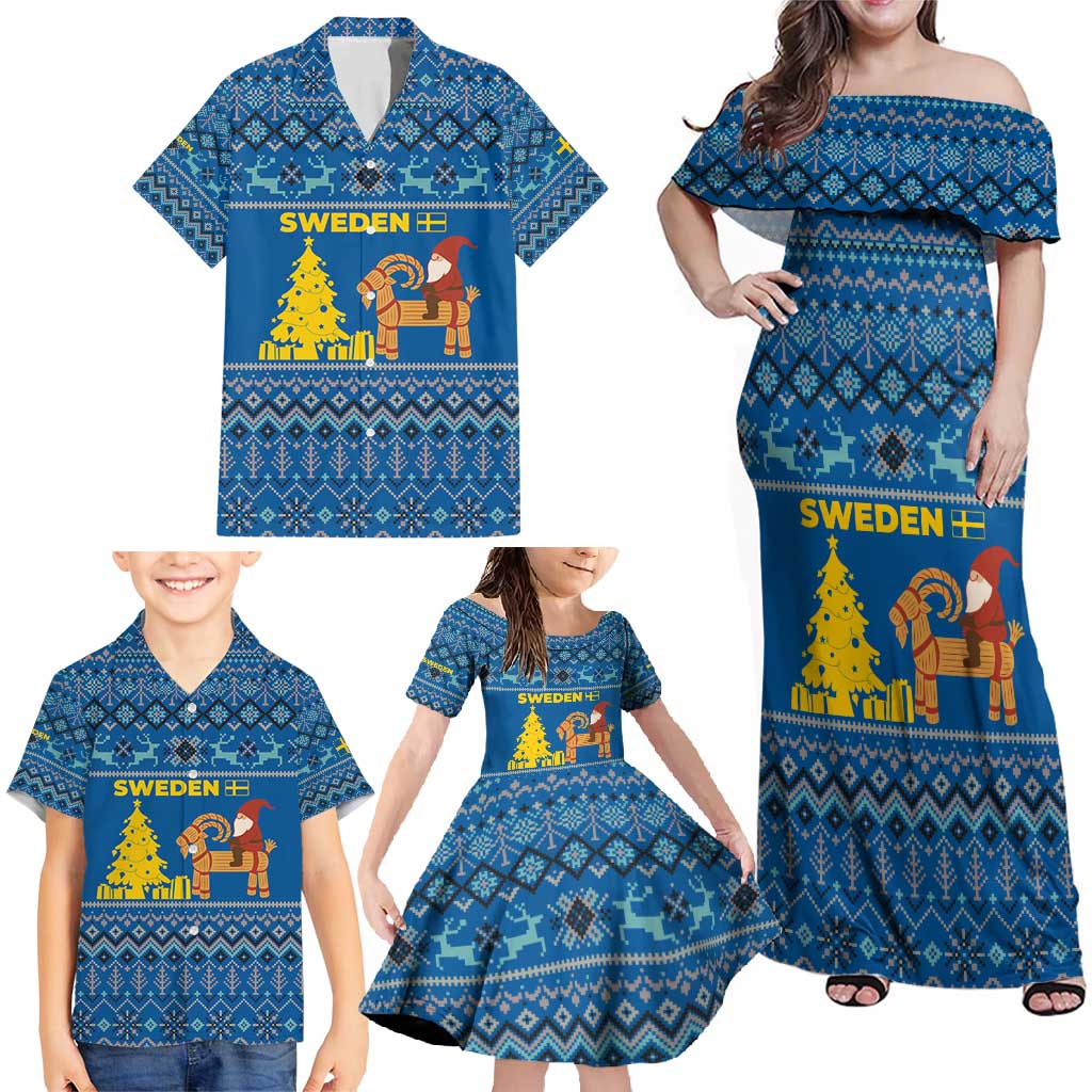 Sweden Christmas Family Matching Off Shoulder Maxi Dress and Hawaiian Shirt with Gnome Yule Goat Royal Crest and Nordic Pattern - Wonder Print Shop
