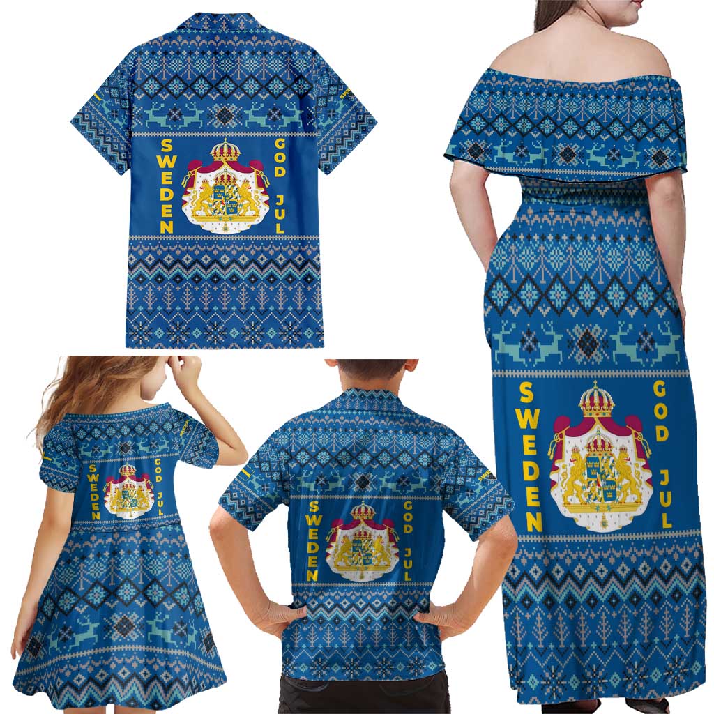 Sweden Christmas Family Matching Off Shoulder Maxi Dress and Hawaiian Shirt with Gnome Yule Goat Royal Crest and Nordic Pattern - Wonder Print Shop