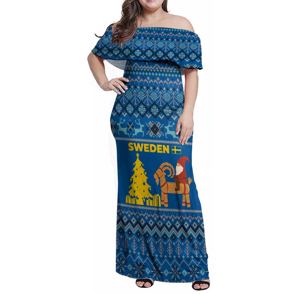 Sweden Christmas Family Matching Off Shoulder Maxi Dress and Hawaiian Shirt with Gnome Yule Goat Royal Crest and Nordic Pattern - Wonder Print Shop