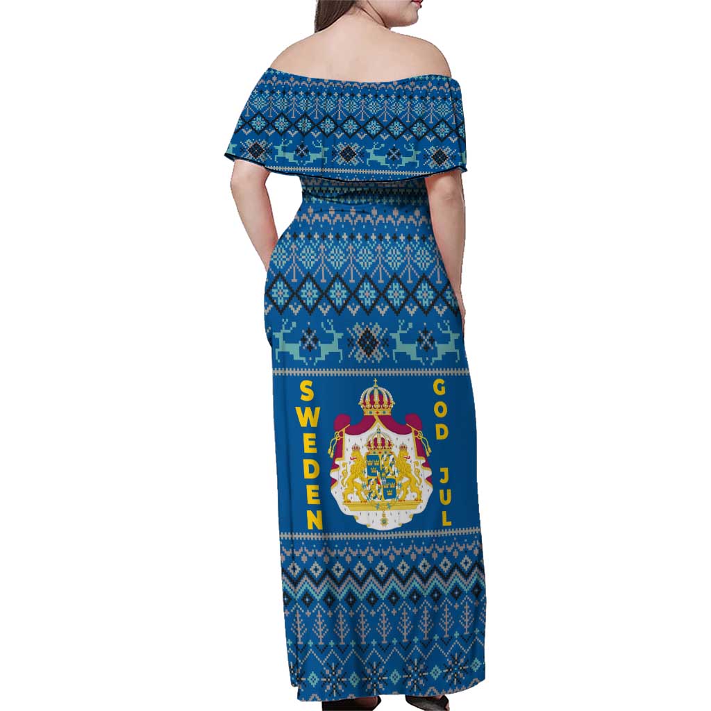 Sweden Christmas Family Matching Off Shoulder Maxi Dress and Hawaiian Shirt with Gnome Yule Goat Royal Crest and Nordic Pattern - Wonder Print Shop